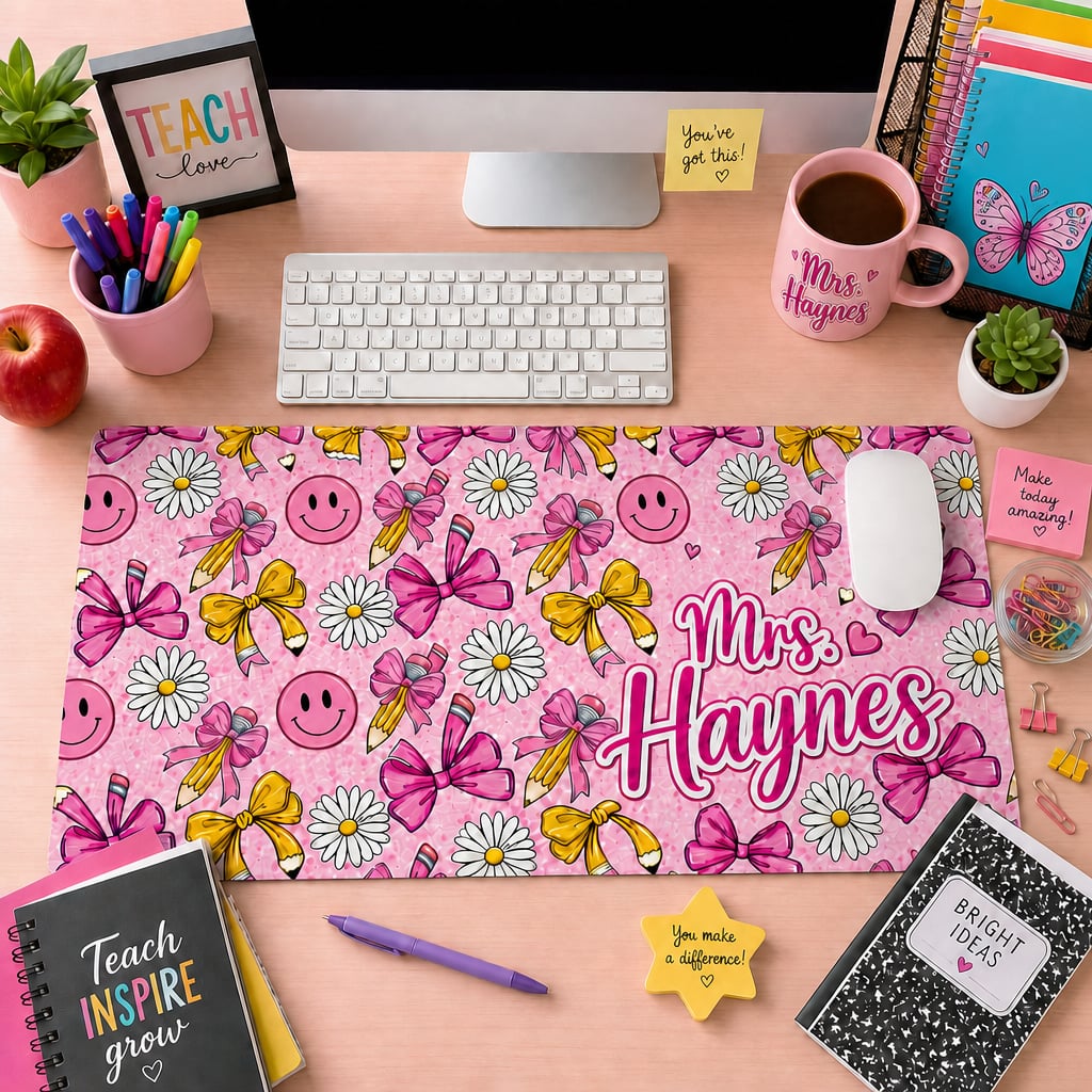Pink Teacher Bow Desk Mat
